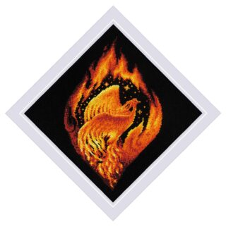 A fiery phoenix rising from bright orange flames against a black background in the 2259 Flaming Phoenix Cross-Stitch Kit from RIOLIS.