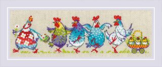 Colorful chickens marching in a row with a basket of chicks in a whimsical cross-stitch design.