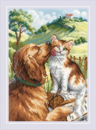 Cross-stitch design showing a brown dog licking an orange-and-white cat against a countryside hilltop backdrop.