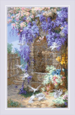 Cross-stitch kit depicting a rustic stone well with cascading purple flowers and white doves in a serene spring garden scene.