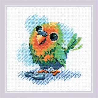 Colorful little parrot cross-stitch design with bright green, orange, and blue feathers standing beside two pebbles.