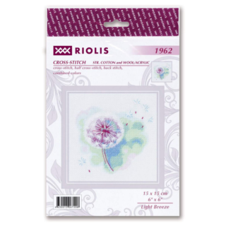 A delicate cross-stitch of a dandelion with white seeds floating on a soft background of green, blue, and lavender shades.