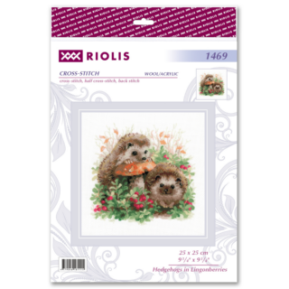 Cross stitch of two cute hedgehogs surrounded by green leaves and red lingonberries, with one hedgehog resting on a large orange mushroom.