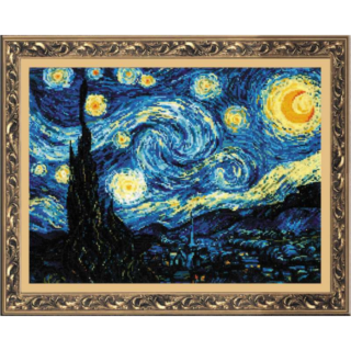 Cross-stitch embroidery of Vincent van Gogh’s Starry Night painting, featuring swirling blue skies, bright yellow stars, and a dark village below. Framed in an ornate gold frame. Design from RIOLIS kit 1088.