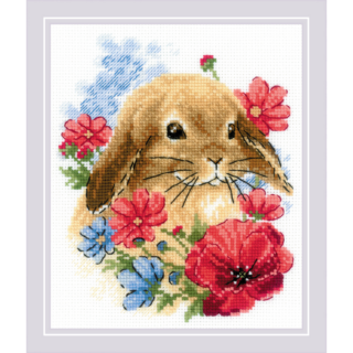 A sweet brown bunny surrounded by red, pink, and blue flowers in a cheerful cross-stitch design.