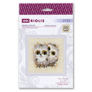 Cross-stitch of two baby owls with wide amber eyes, surrounded by delicate white flowers and orange stems on beige fabric.