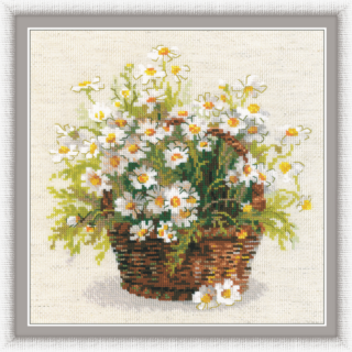 Cross-stitched bouquet of white daisies in a rustic brown basket with green leaves.