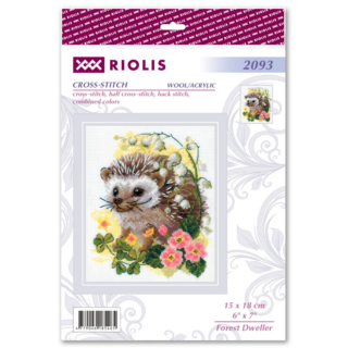 A cute cross-stitch design of a hedgehog surrounded by lily-of-the-valley and pink flowers in a sunny forest setting.