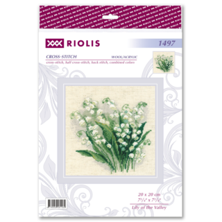 Cross-stitch artwork showing a bouquet of white Lily of the Valley flowers with green leaves on a cream background, framed in soft green.