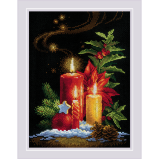 A festive cross-stitch design featuring glowing candles, poinsettia flowers, pine branches, and holiday ornaments on a dark background.