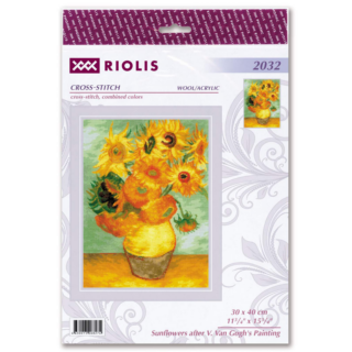 A vibrant cross stitch design of Vincent van Gogh’s famous sunflower painting featuring yellow-orange sunflowers in a vase.