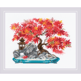 A vibrant cross stitch design of a bonsai tree with bright red and orange autumn leaves, set on a rocky base with a small lantern decoration.