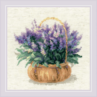 RIOLIS 1404 French Lavender Cross-Stitch Kit featuring a rustic basket filled with fresh purple lavender flowers stitched in soft shades of purple and green.