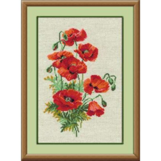 A cross-stitch design of vibrant red wild poppies with green stems and leaves, arranged in a tall, natural bouquet on a neutral background.