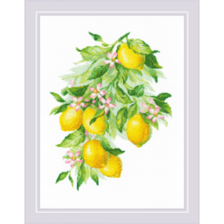 A vibrant cross-stitch design of ripe yellow lemons hanging from leafy branches with delicate pink blossoms.