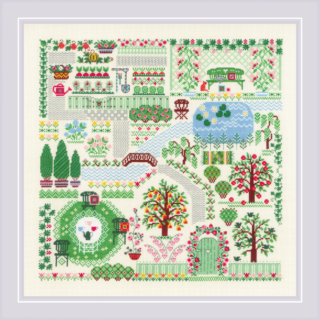 A detailed cross stitch design of a garden scene with flowerbeds, a pond, trees, a bridge, and cozy sitting areas, arranged in a decorative layout.