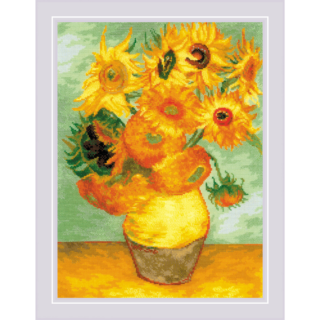 A vibrant cross stitch design of Vincent van Gogh’s famous sunflower painting featuring yellow-orange sunflowers in a vase.