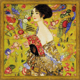 Klimt’s Lady with a Fan cross stitch shows a woman in a patterned robe holding a red fan surrounded by colorful birds and flowers.