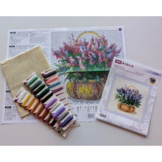 RIOLIS 1404 French Lavender Cross-Stitch Kit featuring a rustic basket filled with fresh purple lavender flowers stitched in soft shades of purple and green.