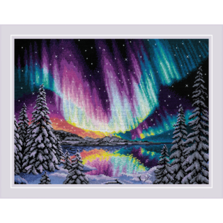 A stunning cross stitch scene of a snowy pine forest under a night sky with colorful northern lights reflecting on a calm lake.