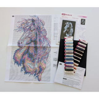 Cross-stitch embroidery of a majestic black horse with a silver mane flowing in the wind, against a dark background.