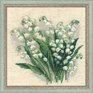 Cross-stitch artwork showing a bouquet of white Lily of the Valley flowers with green leaves on a cream background, framed in soft green.