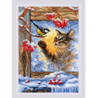 A cozy cross stitch scene of a curious cat looking through a frosted window at a bird perched on a snowy branch with red berries.