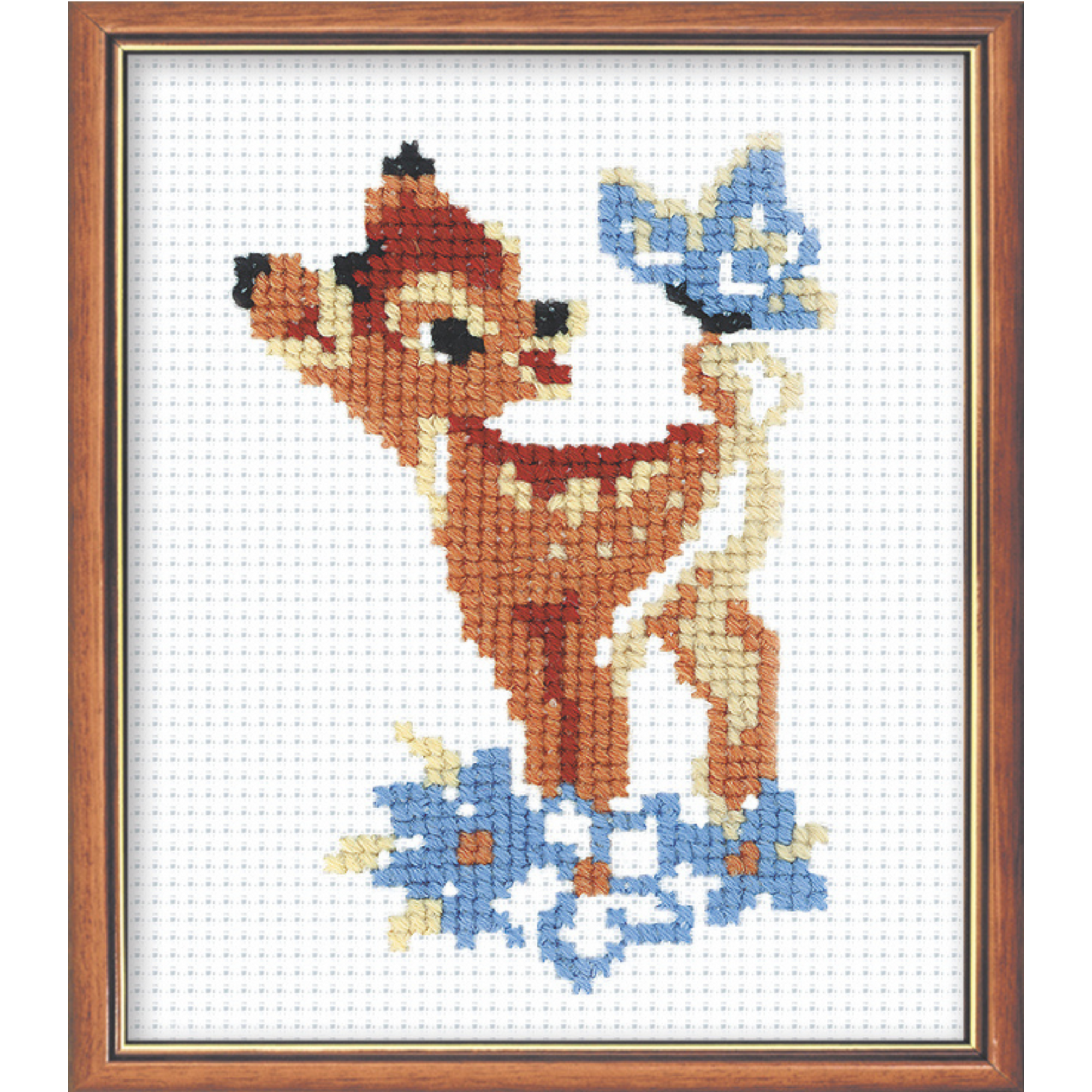 Small cross-stitch design of a young doe with a blue butterfly resting on its tail, surrounded by blue flowers.