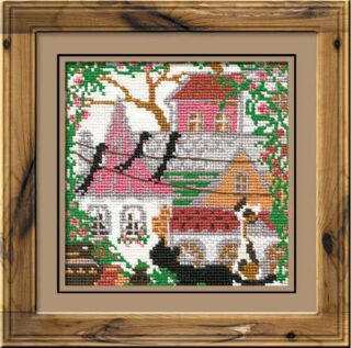A cross-stitch design of several black cats lounging and walking on colorful city rooftops surrounded by blooming summer greenery and flowers.