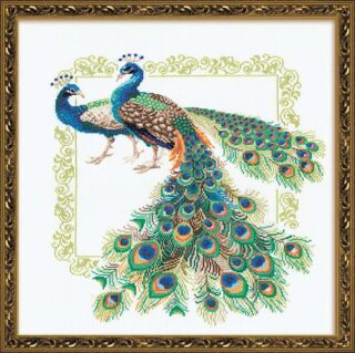 A cross-stitch design of two elegant peacocks with vibrant blue and green plumage and long, flowing tail feathers framed with a decorative border.