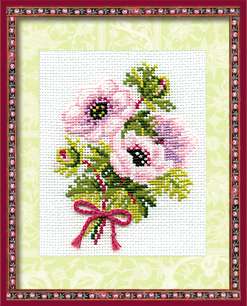 A cross-stitch design of a small bouquet of soft pink anemone flowers with green leaves, tied together with a pink ribbon.