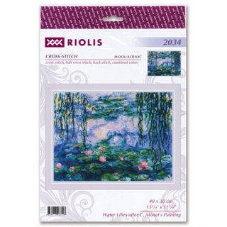 A serene cross stitch design inspired by Monet’s Water Lilies painting, featuring pink lilies floating on a pond surrounded by weeping willow branches.