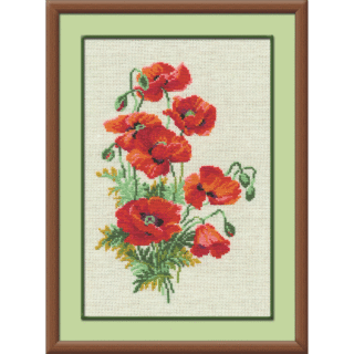 A cross-stitch design of vibrant red wild poppies with green stems and leaves, arranged in a tall, natural bouquet on a neutral background.