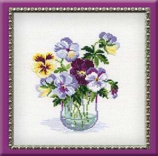 Cross-stitch design of a glass vase filled with purple, yellow, and lavender pansies.