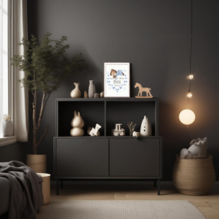 Cross-stitch design featuring a sleeping baby bear in blue pajamas surrounded by blue hearts, bows, and birth details.