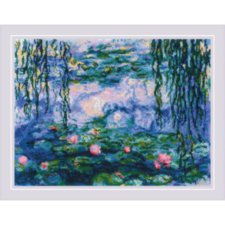 A serene cross stitch design inspired by Monet’s Water Lilies painting, featuring pink lilies floating on a pond surrounded by weeping willow branches.