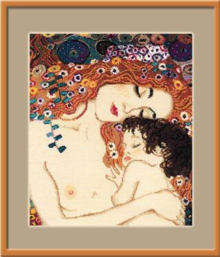 A cross-stitch design inspired by Gustav Klimt’s painting, showing a serene mother with flowing red hair tenderly embracing her sleeping child against a vibrant floral background.