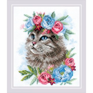 Cross-stitch design of a fluffy gray cat with blue eyes surrounded by pink and blue flowers.