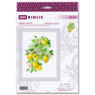 A vibrant cross-stitch design of ripe yellow lemons hanging from leafy branches with delicate pink blossoms.
