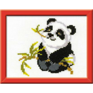 Cross-stitch of a cute panda holding bamboo leaves, stitched in black, white, and green, framed in red.