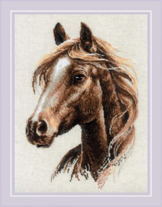 Cross-stitch portrait of a majestic brown horse with flowing mane, stitched in rich natural tones on a light background.