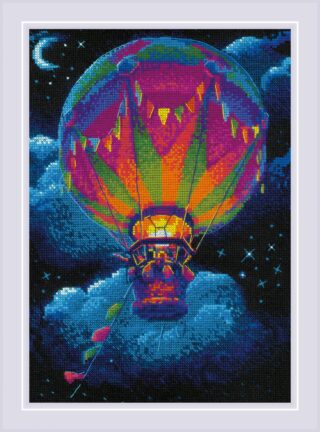 Cross-stitch of a colorful hot air balloon glowing against a night sky with stars, clouds, a crescent moon, and bright streamers.