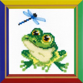 A cheerful green frog with big eyes looks up at a blue dragonfly in this playful cross-stitch design.