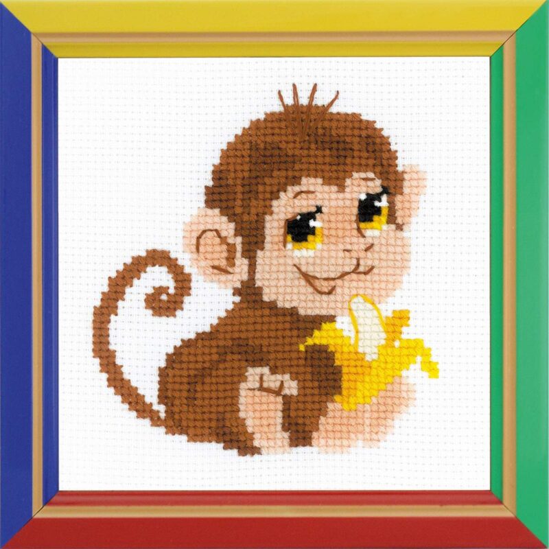 A cute brown monkey with big yellow eyes holds a peeled banana in this playful cross-stitch design.