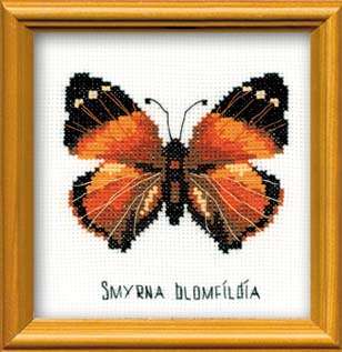 An orange and black Nymphalidae butterfly with detailed wings is stitched against a white background in this elegant cross-stitch design.