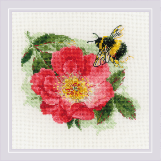 A cross-stitch design of a black and yellow bumblebee hovering over a vibrant pink flower with green leaves.