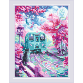 Cross-stitch design showing a turquoise train moving along tracks lined with pink cherry blossoms, a black cat watching nearby, and lanterns hanging in the breeze.