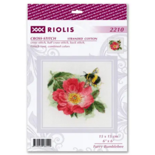 A cross-stitch design of a black and yellow bumblebee hovering over a vibrant pink flower with green leaves.