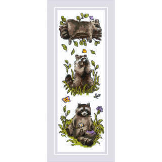 Cross-stitch design showing three playful raccoons in different poses surrounded by greenery, butterflies, and wildflowers.