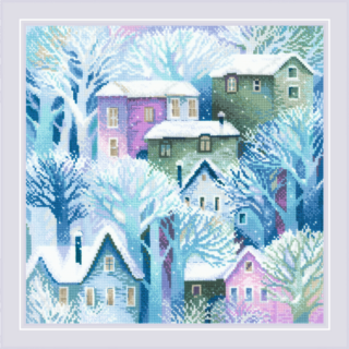 A winter village scene with colorful houses surrounded by snow-covered trees in soft pastel tones.